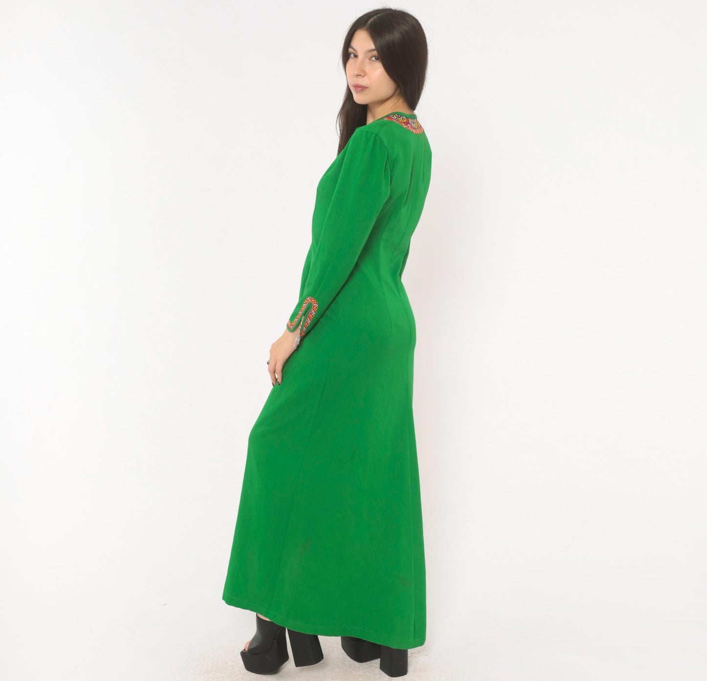 70s Emerald Green Maxi Dress Embroidered Neckline Long Sleeve Kaftan Extra Small XS
