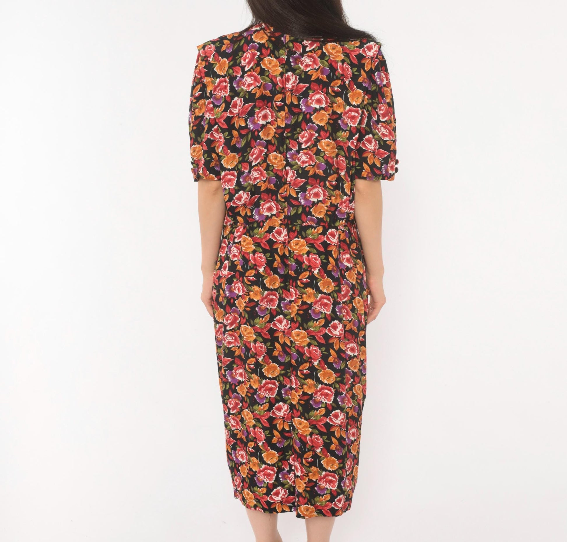 90s R.J. Stevens Floral Wrap Dress Deep V Midi Black Rose Print Large