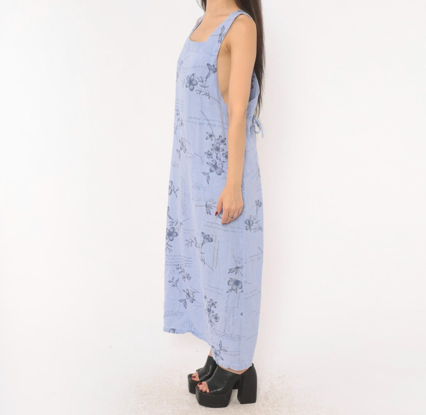 2000s Sweet Jessie Periwinkle Linen Maxi Dress Botanical Print Square Neck Medium M