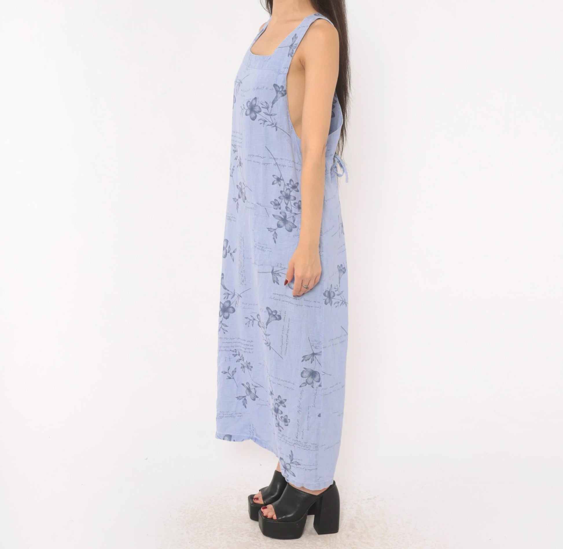 2000s Sweet Jessie Periwinkle Linen Maxi Dress Botanical Print Square Neck Medium M