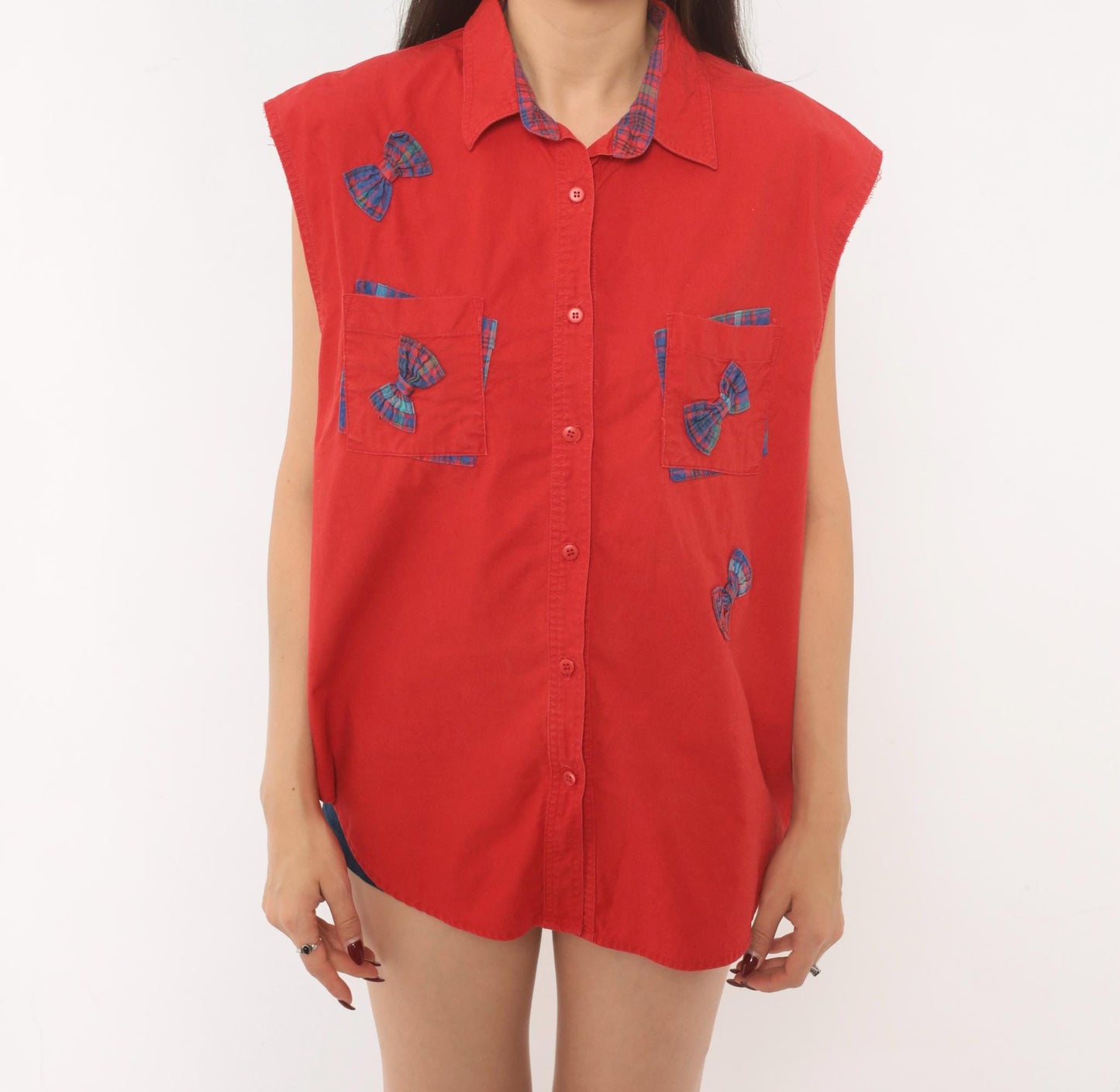 90s Cricket by the Creek Red Plaid Bow Applique Sleeveless Blouse Large L