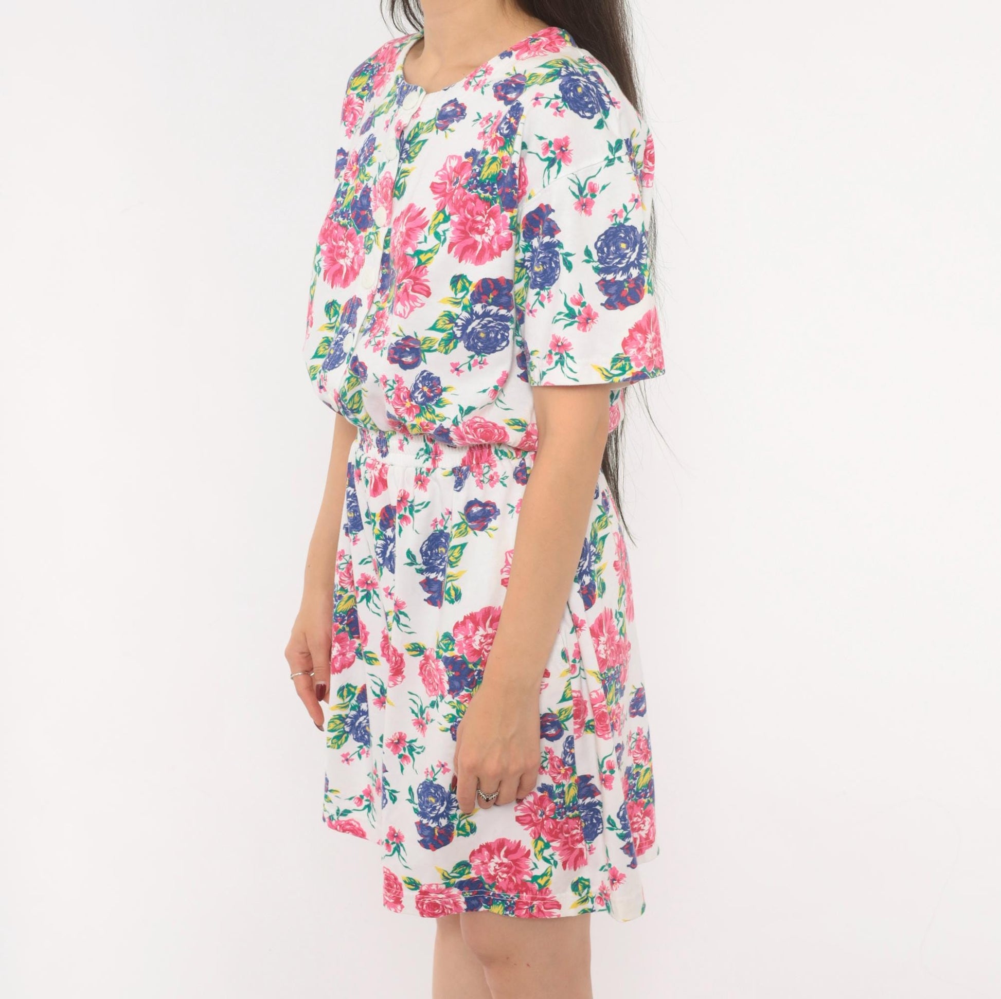 90s Jason Maxwell Floral Romper White Pink Rose Print Cotton Playsuit Medium