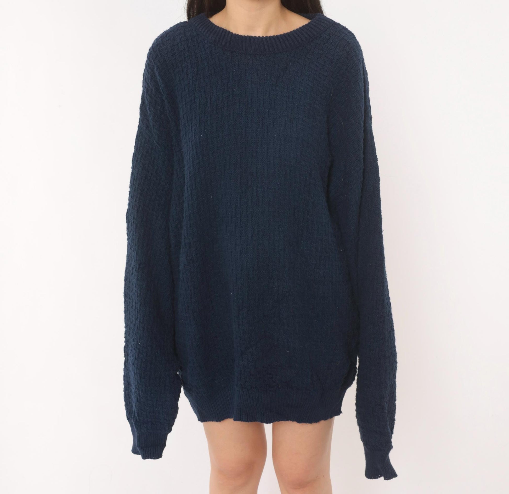 90s Van Heusen Navy Cable Knit Sweater Cotton Crewneck Pullover Large L