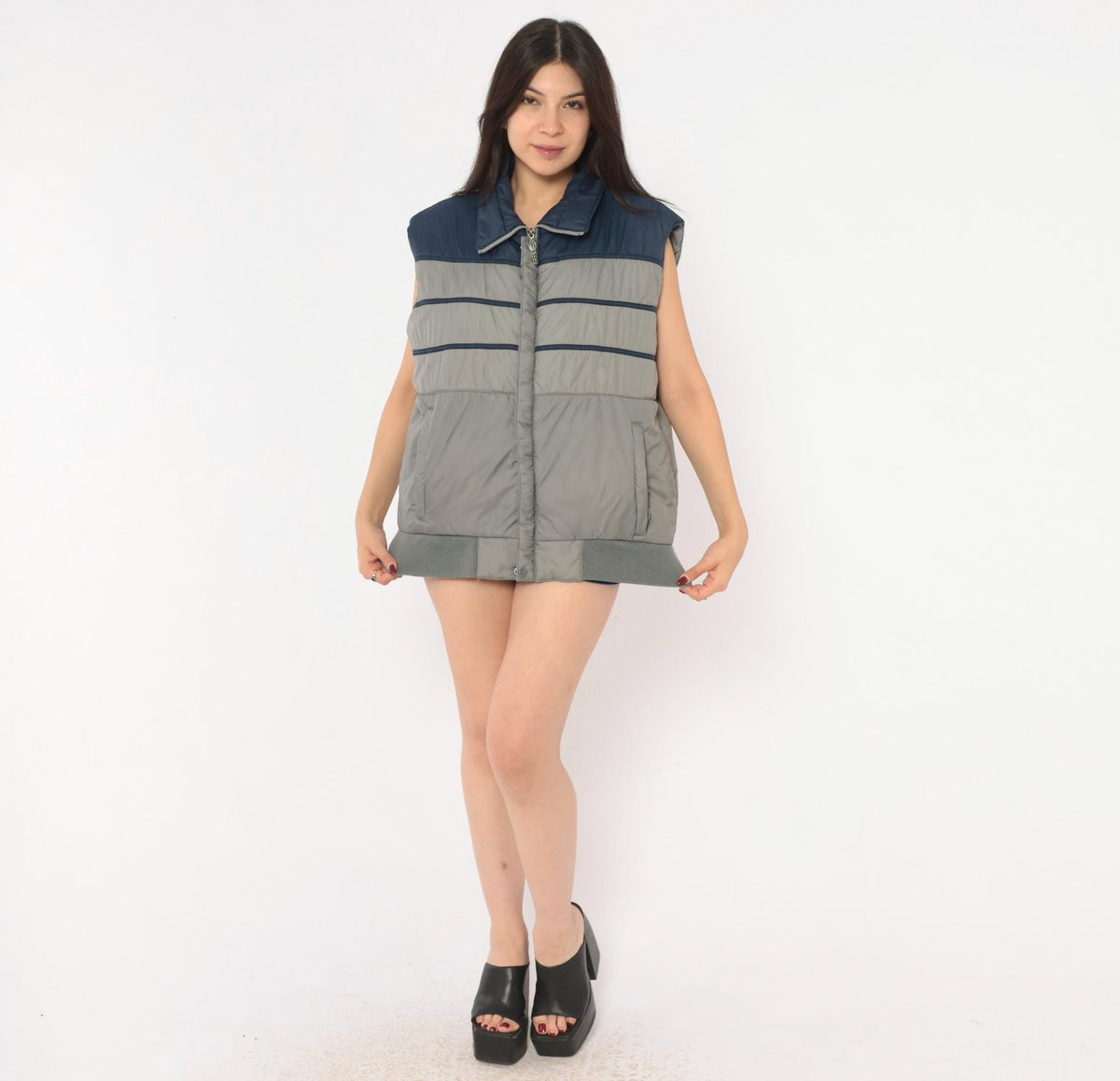 80s Ossi Navy Grey Color Block Puffer Vest Quilted Mens Medium