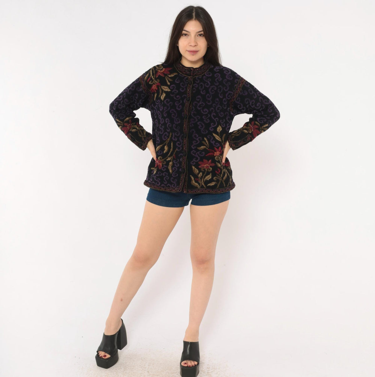 80s Icelandic Design Wool Cardigan Black Purple Floral Jacquard Small