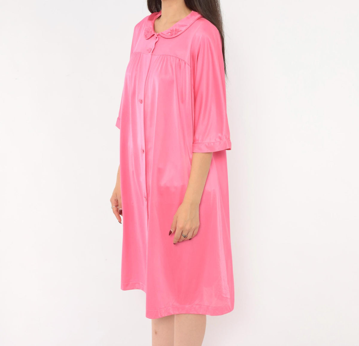 80s Lorraine Pink Satin Robe Peter Pan Collar Embroidered Floral Large