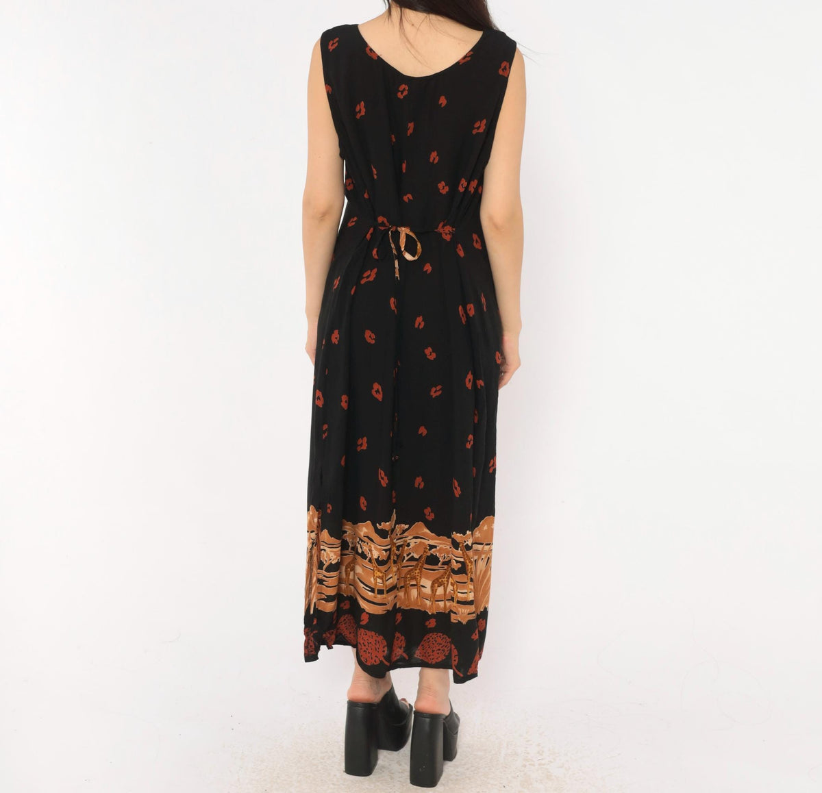 90s K Woman Safari Giraffe Maxi Dress Black Animal Print Tie Back Plus Size 1X