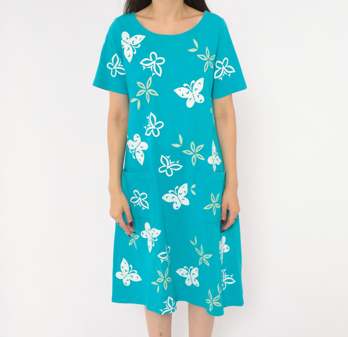 90s M. Mac Butterfly Shift Dress Teal Cotton Knee-Length Pockets Small S