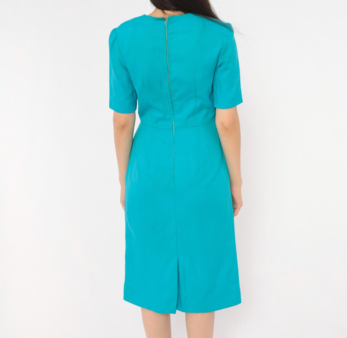 60s Teal Sheath Dress Puff Sleeve Back Zipper Knee Length Extra Small