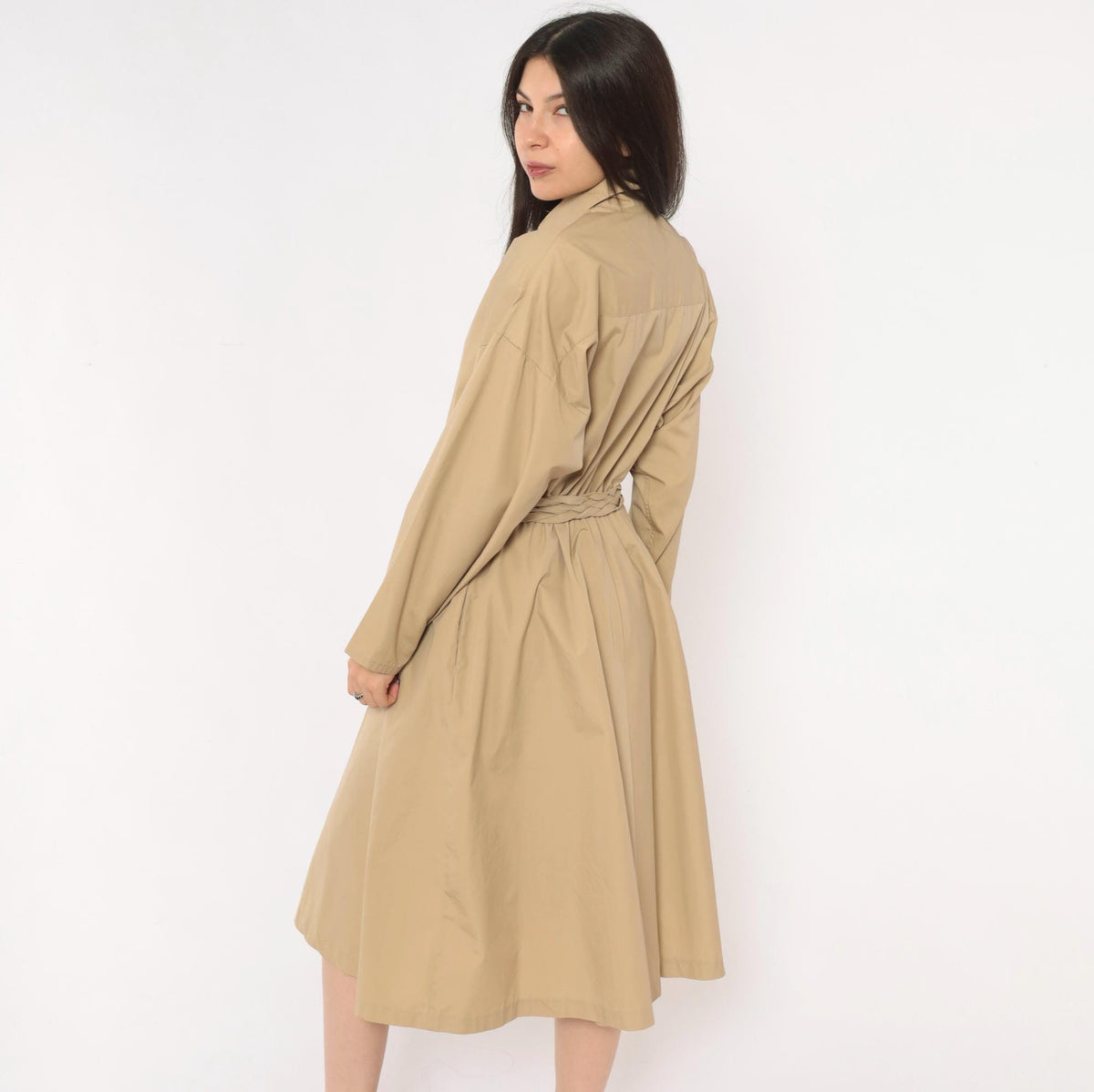 80s Tan Shirt Dress Braided Belt Pointed Collar A-Line Knee Length Large