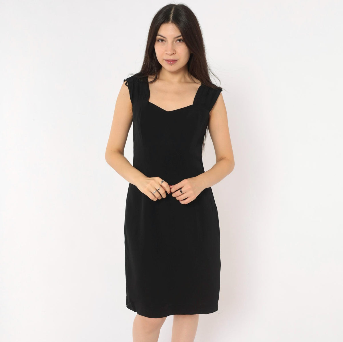 90s Maggy London Black Sweetheart Neckline Dress Cap Sleeve Small