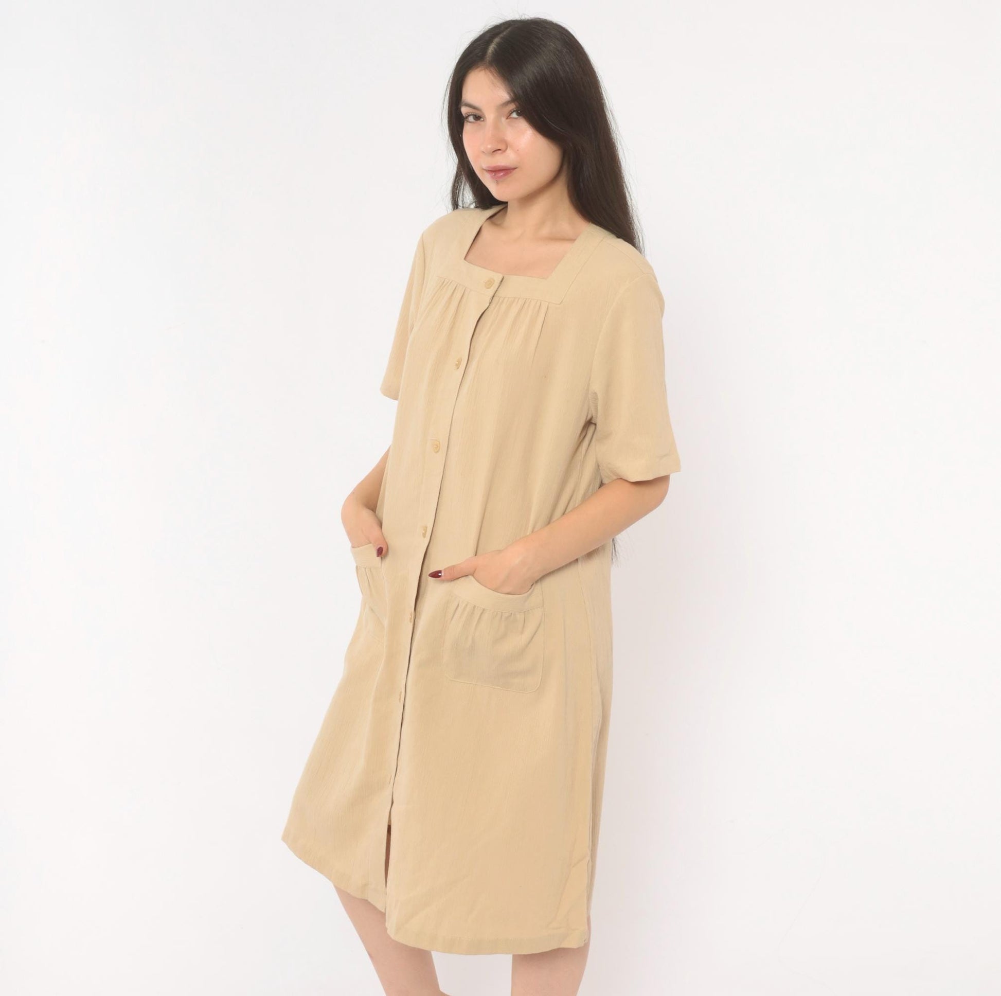 2000s The Tog Shop Petites Button Front Shift Dress Tan Square Neck Medium