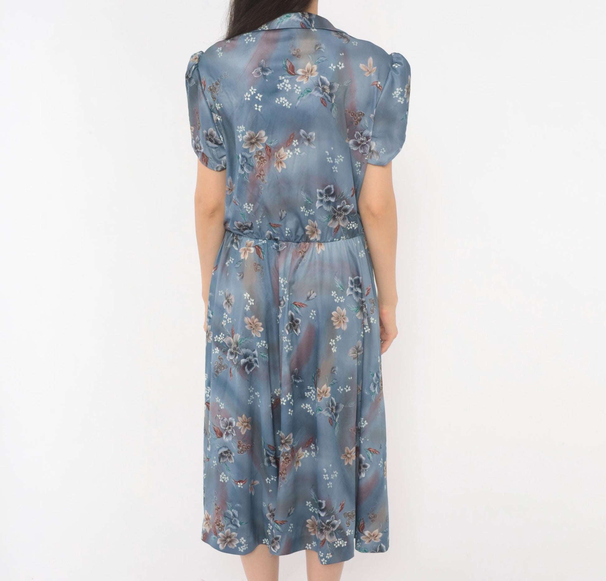 70s Slate Blue Floral Midi Shirtdress Puff Sleeve Notched Collar Large