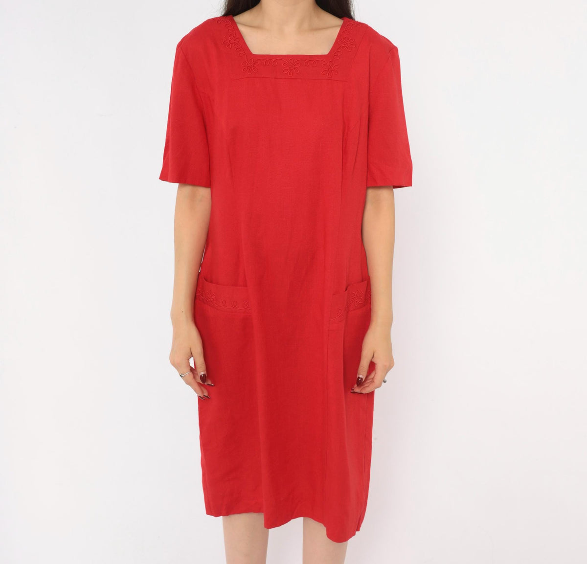 80s Lanz Originals Red Shift Dress Square Neck Soutache Embroidery Large L