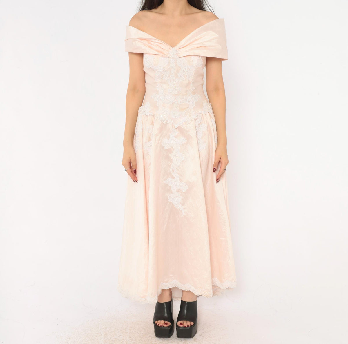 80s Eden Bridal Blush Pink Maxi Gown Off-Shoulder Sweetheart Bow Back Medium