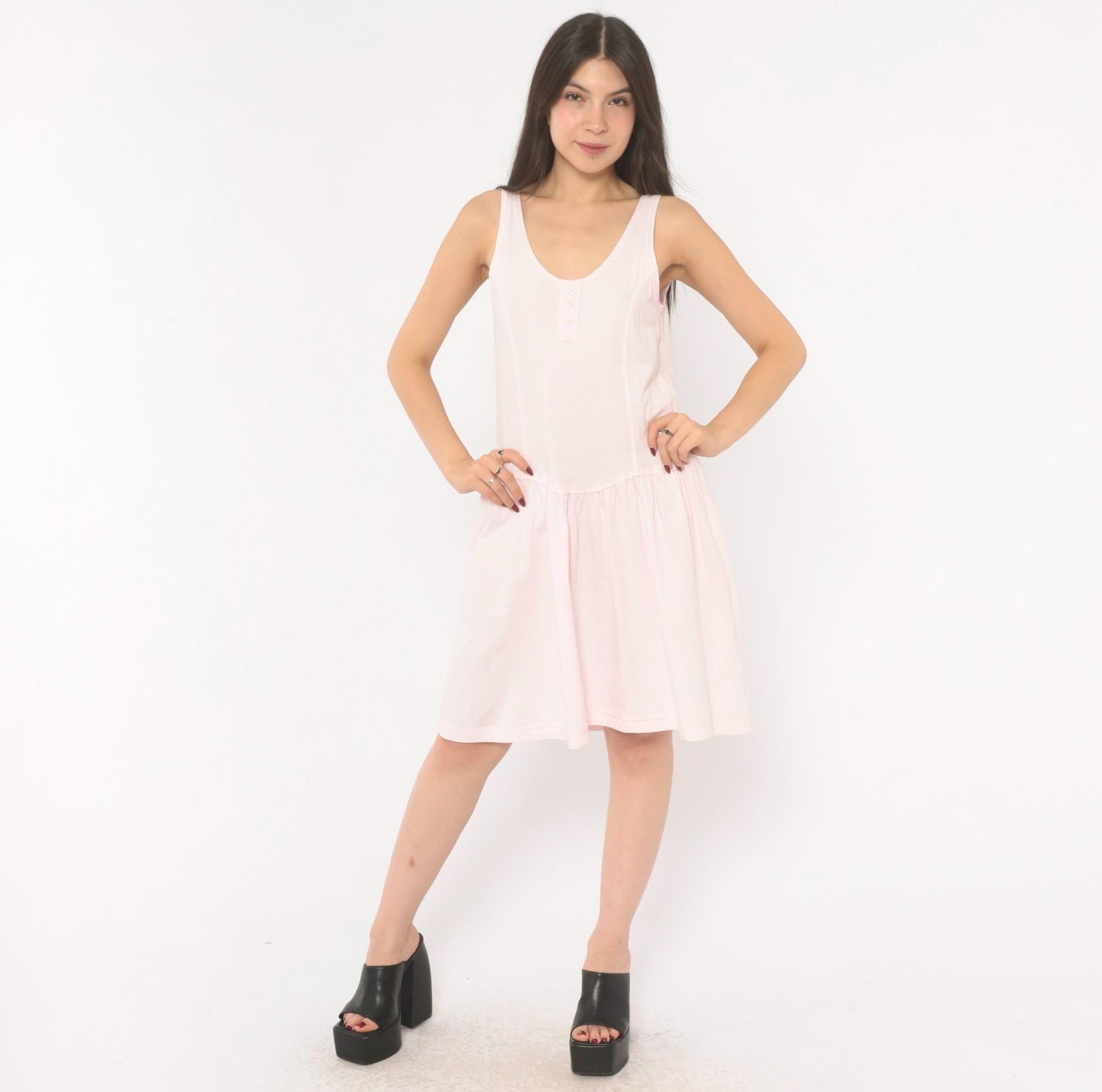 90s Cest Joti Blush Cotton Sundress Drop Waist Henley Neckline Small