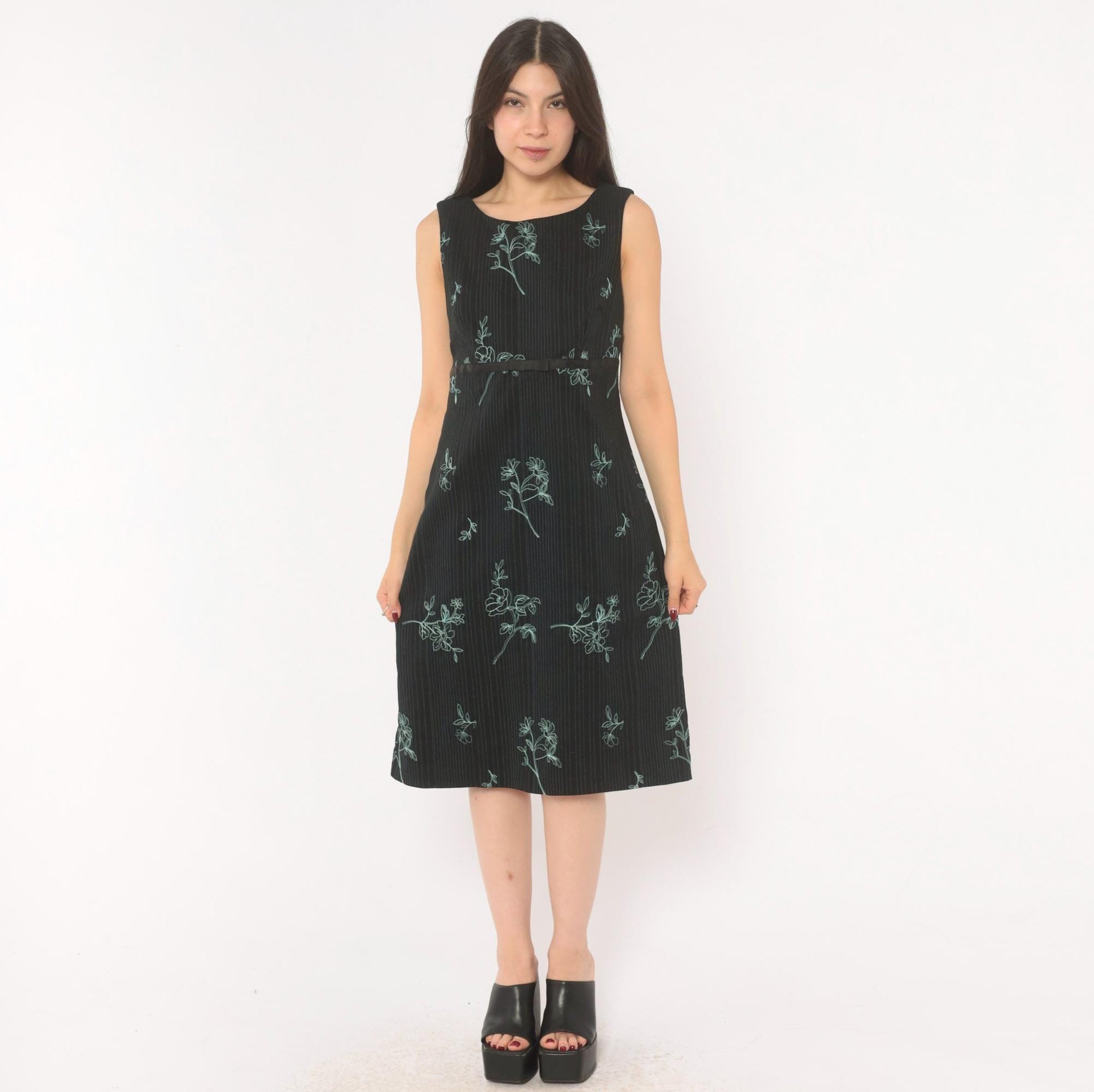 90s Rabbit Black Floral Embroidered A-Line Dress Blue Pinstripe Medium M