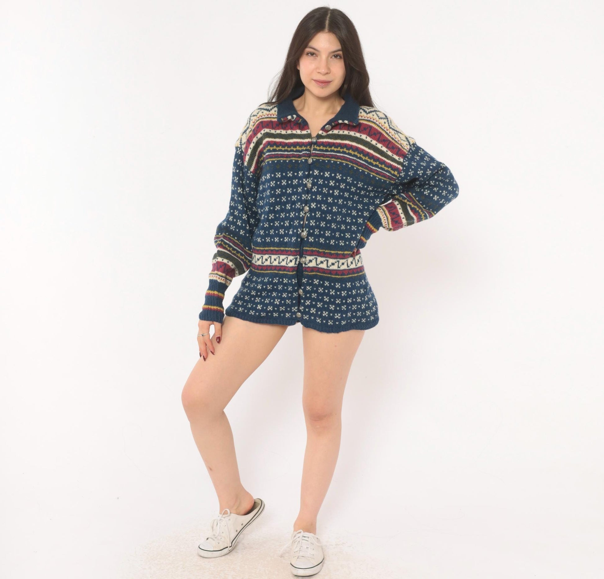 90s Husfliden Norwegian Fair Isle Wool Cardigan Navy Cream Burgundy Medium M