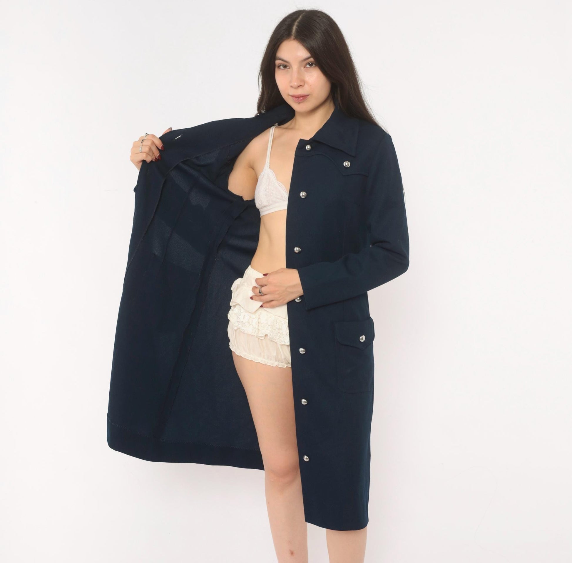 70s R & K Originals Navy Coat Dress Western Yoke Silver Buttons Medium