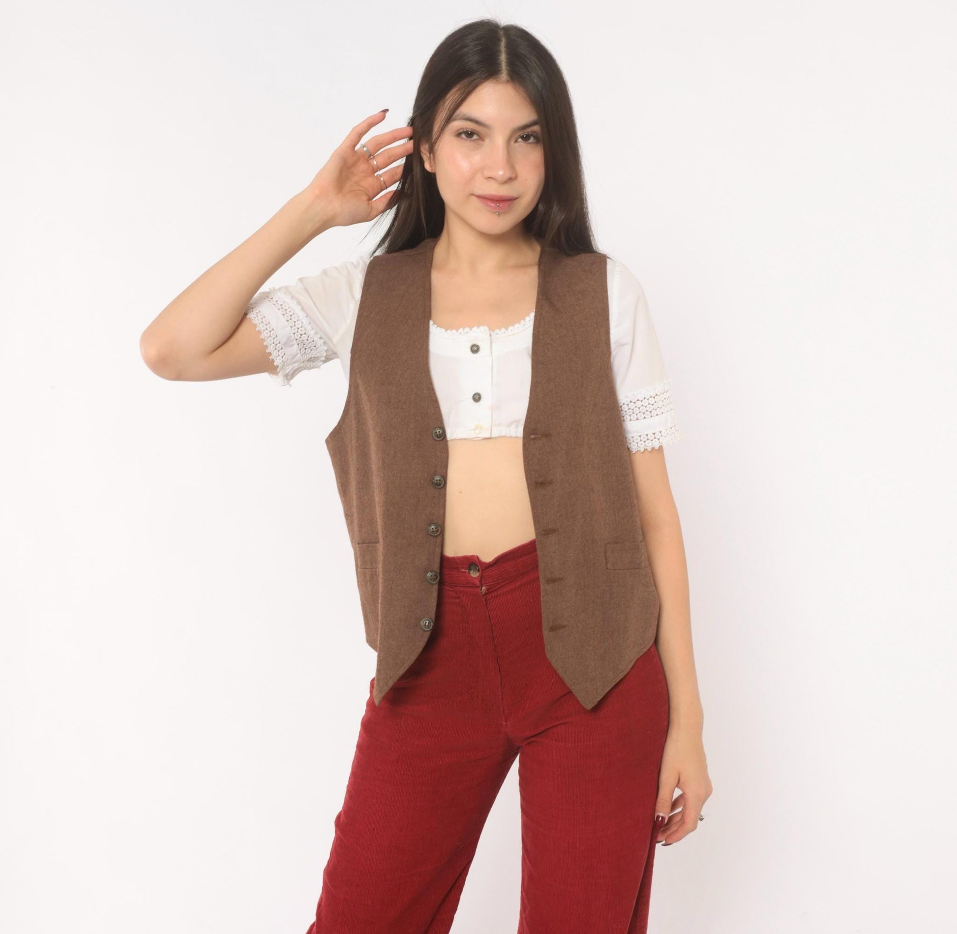 70s Angels Flight Wool Herringbone Vest Brown V-Neck Button Front Small S
