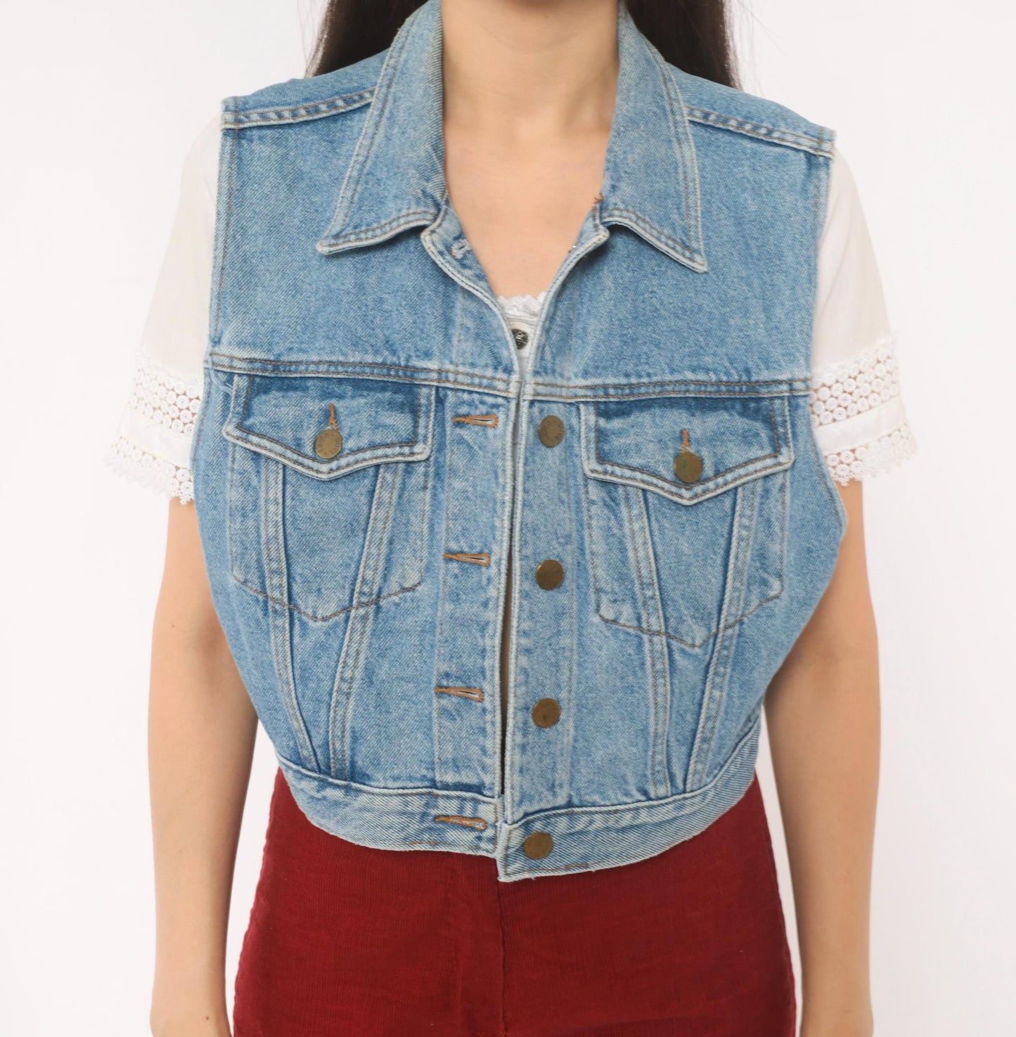 90s Karen Kane Light Blue Denim Vest Cropped Button Front Small S