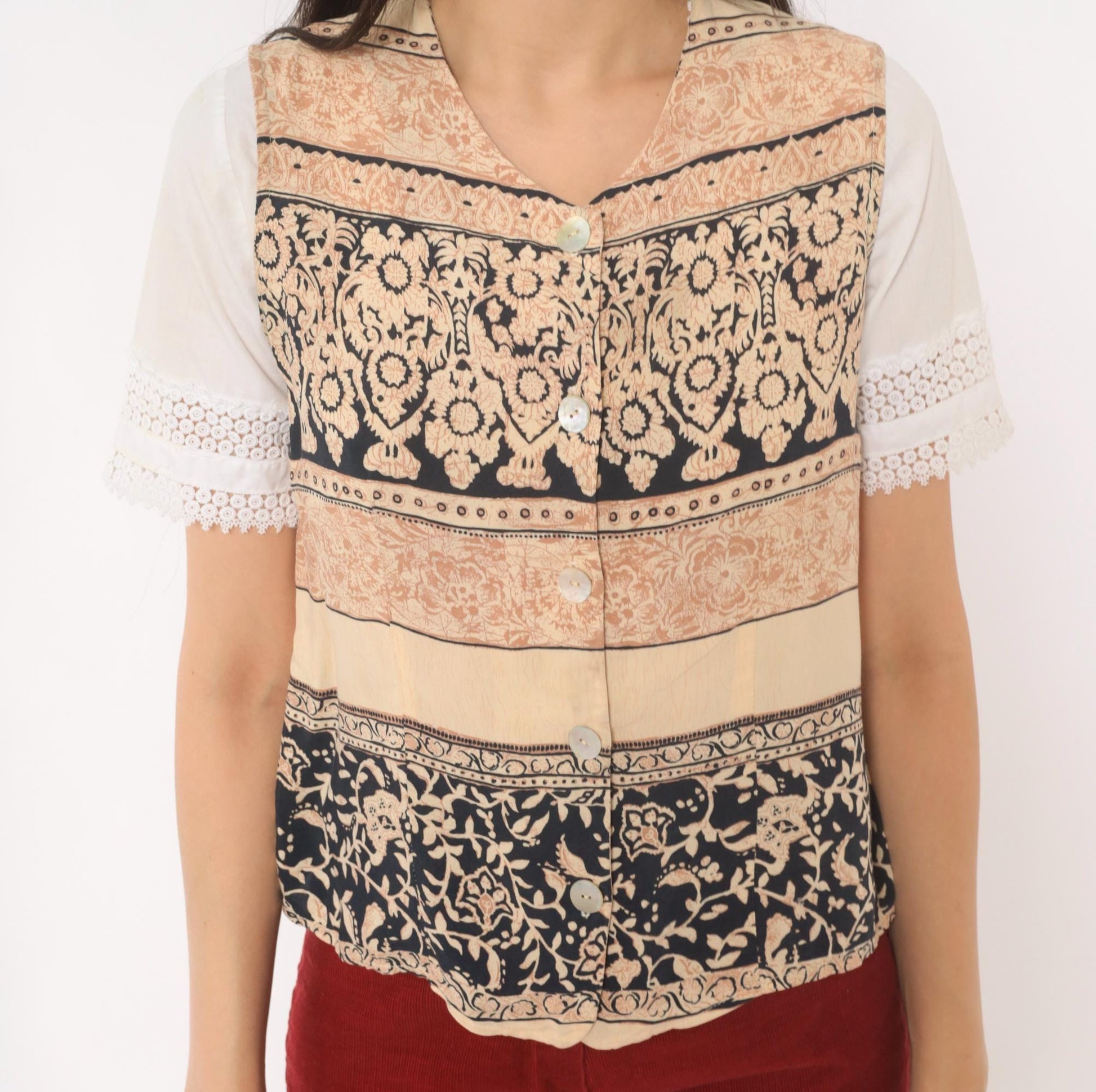 90s L'Amadei Block Print Vest Cream Navy Floral Damask Small S