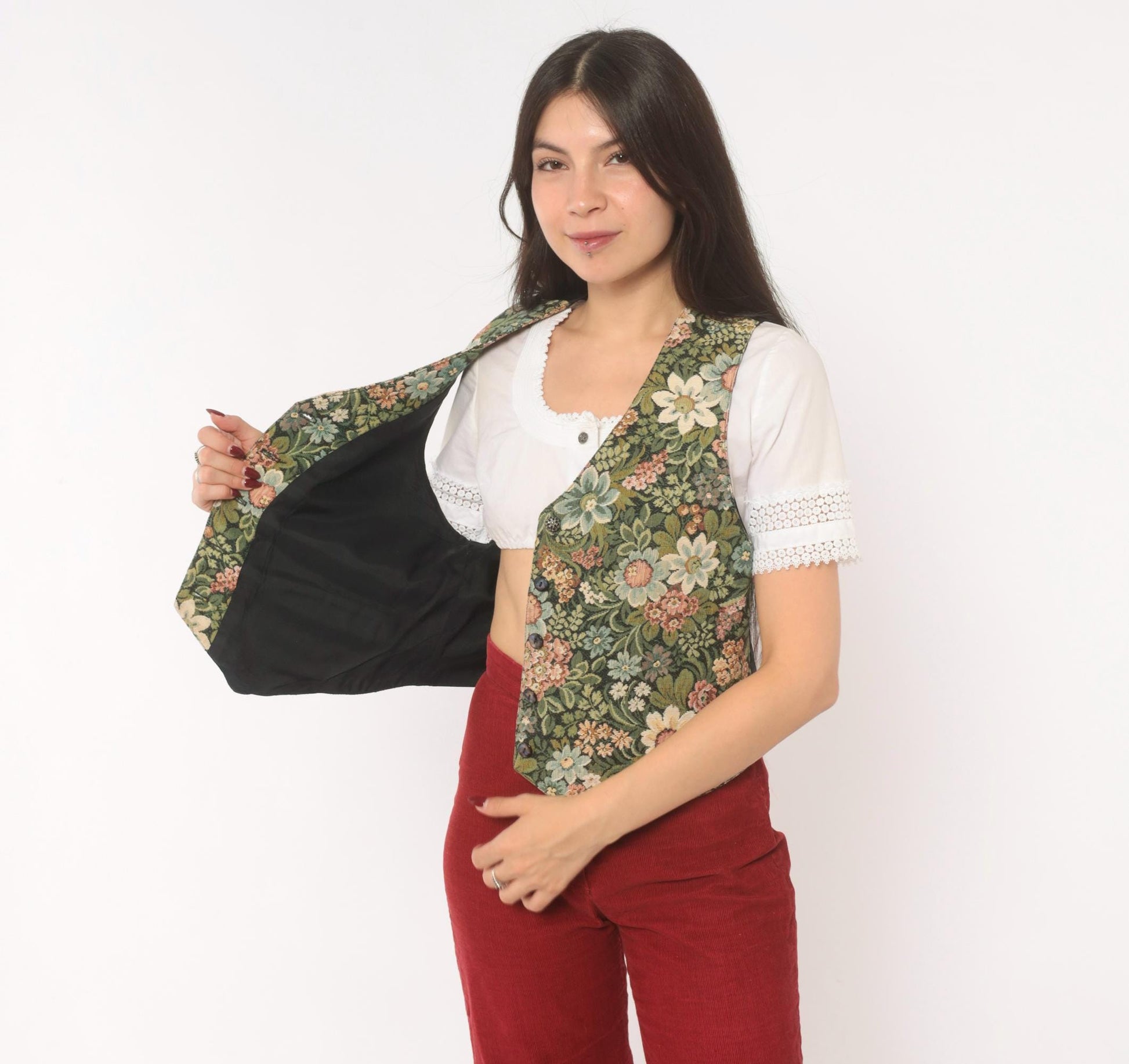 90s Di Di Scott Floral Tapestry Vest Button Front V Neck Olive Green Pink Small