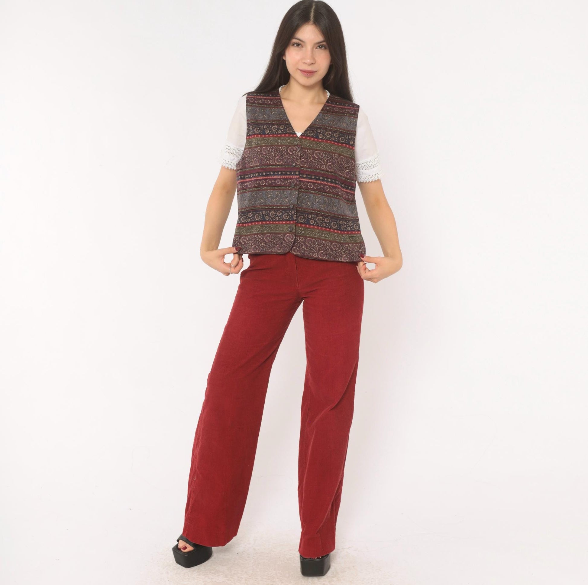 90s Talbots Paisley Silk Vest V-Neck Plum Navy Jacquard Medium M
