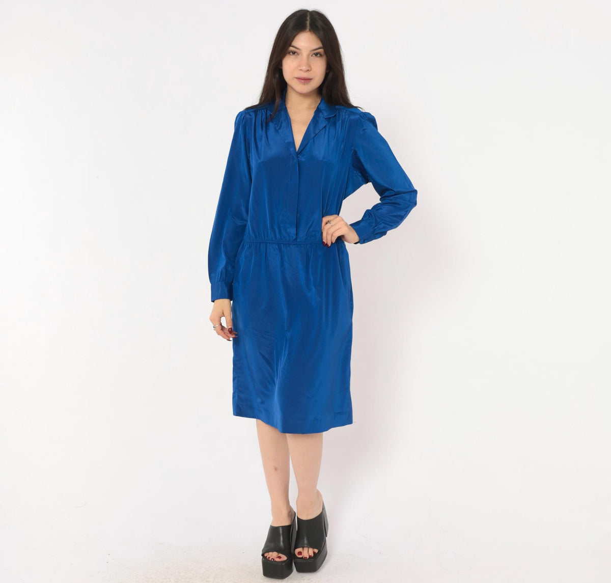 80s Cobalt Blue Satin Shirt Dress V Neck Gathered Waist Knee Length Medium M