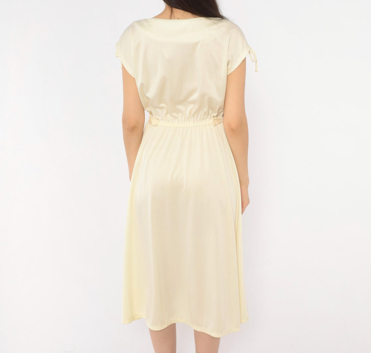 70s Cream Cap Sleeve Dress Ivory A-Line Midi Bow Detail Scoop Neck Small