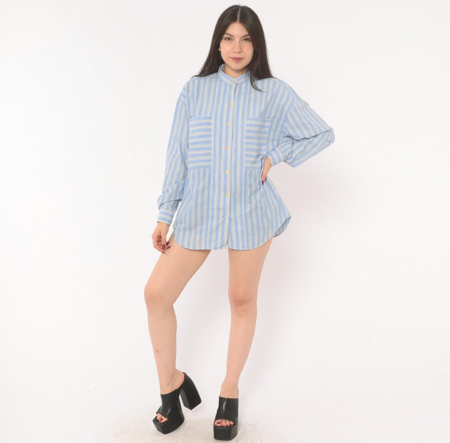 90s Gap Blue White Striped Shirt Band Collar Cotton Blouse Medium M