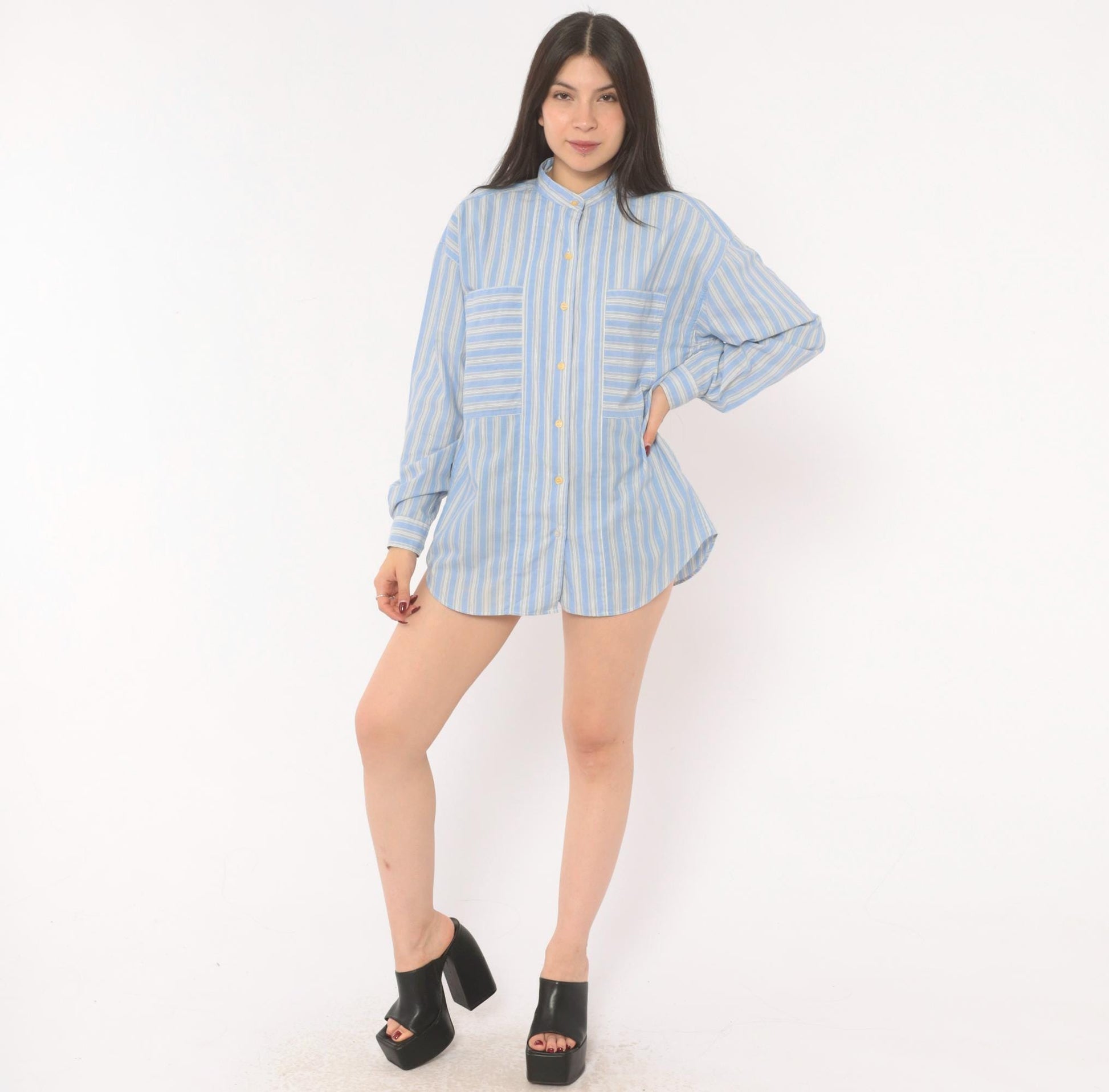 90s Gap Blue White Striped Shirt Band Collar Cotton Blouse Medium M