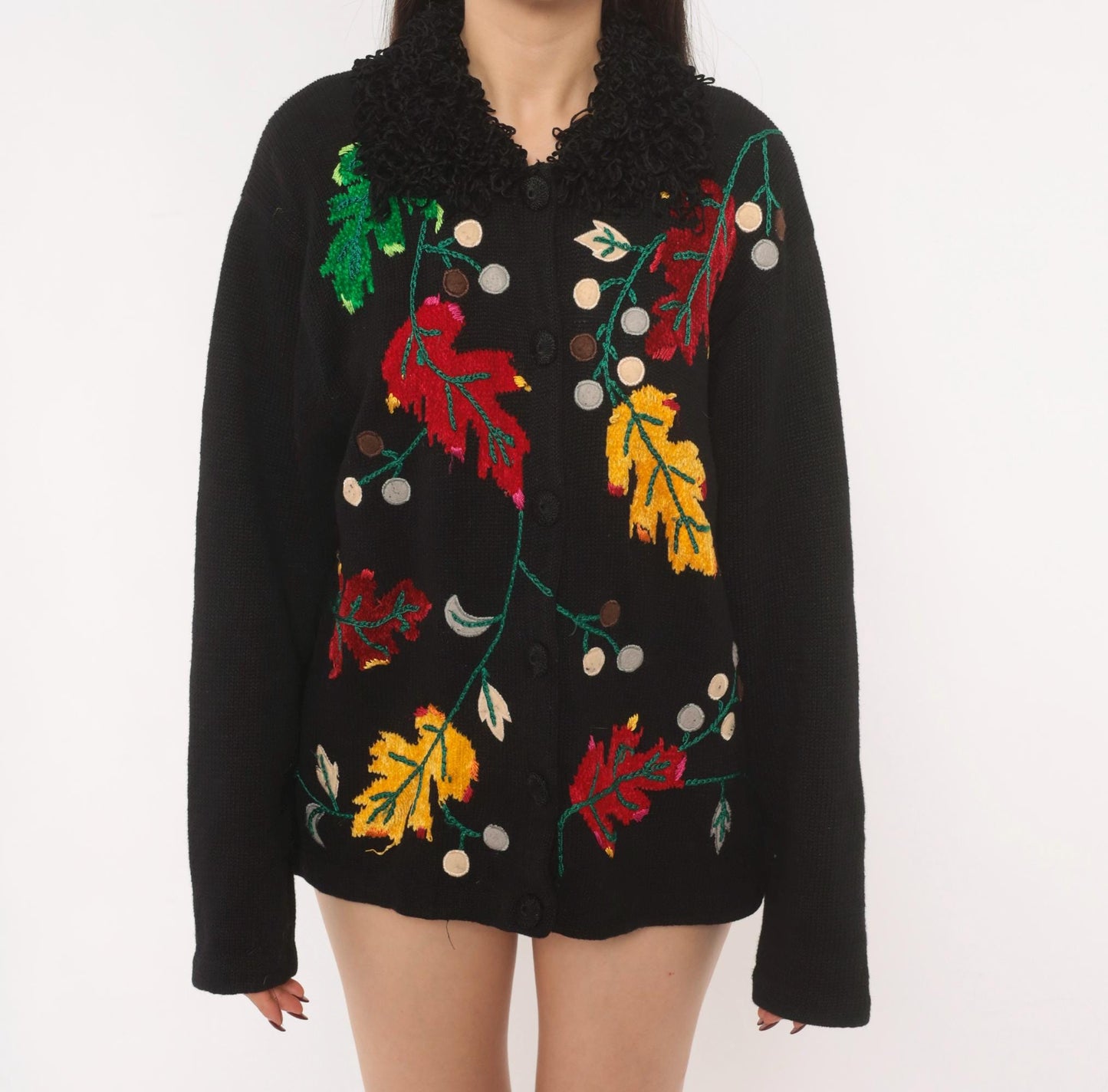 90s Victoria Harbour Black Cardigan Embroidered Autumn Leaves Large L