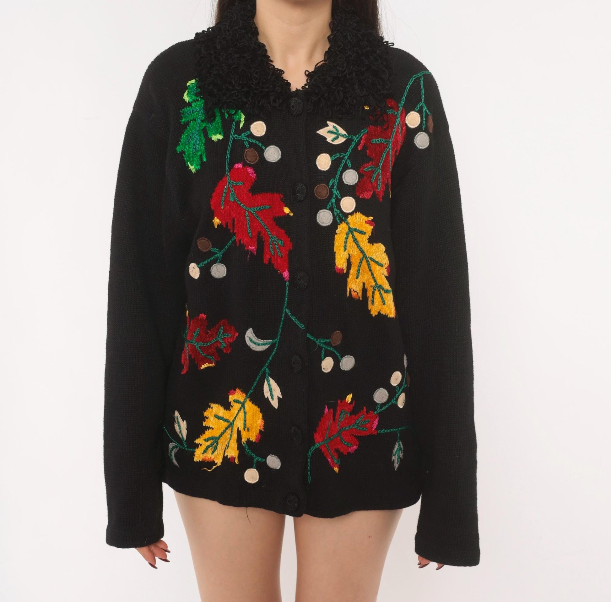 90s Victoria Harbour Black Cardigan Embroidered Autumn Leaves Large L