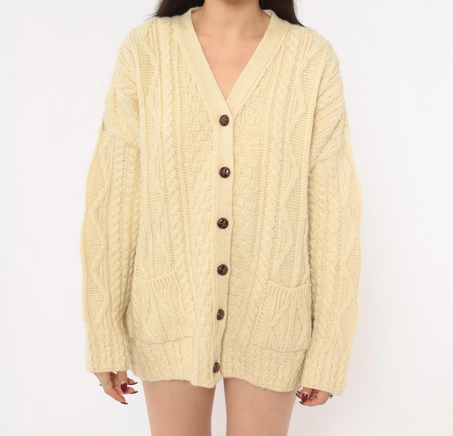 80s Celtic Country Cable Knit Cardigan Cream Wool Button Front Large L