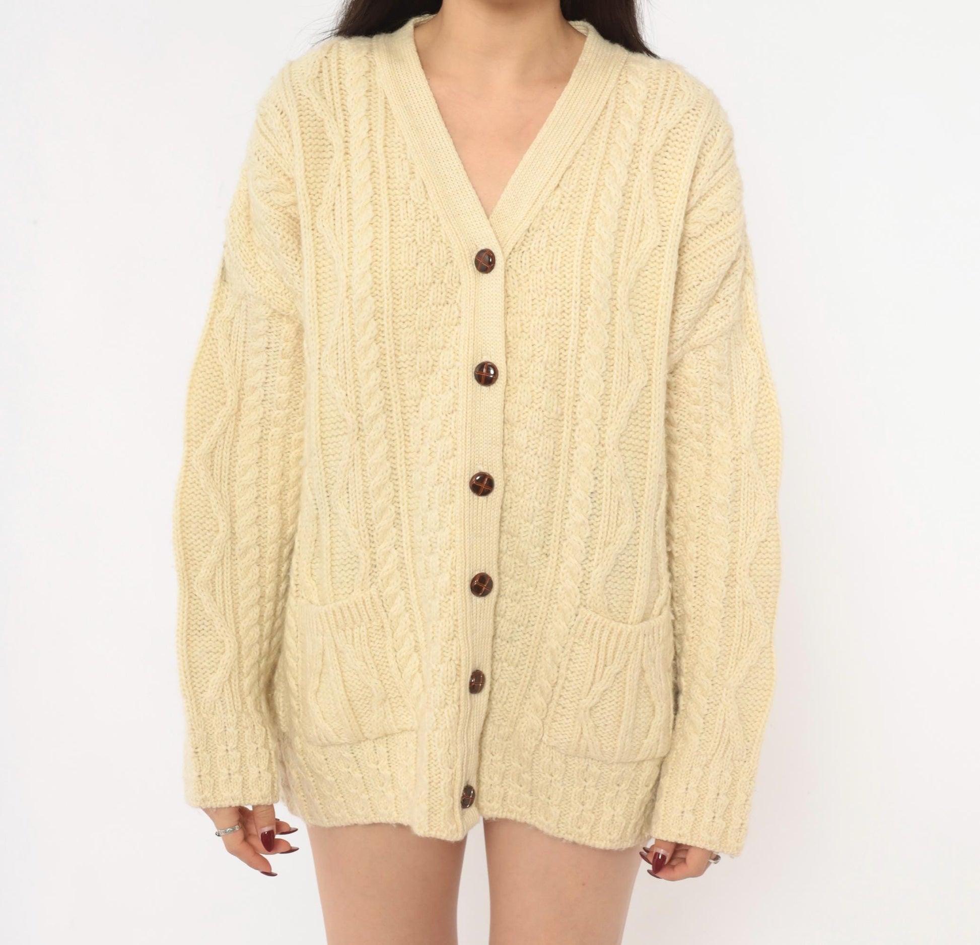 80s Celtic Country Cable Knit Cardigan Cream Wool Button Front Large L