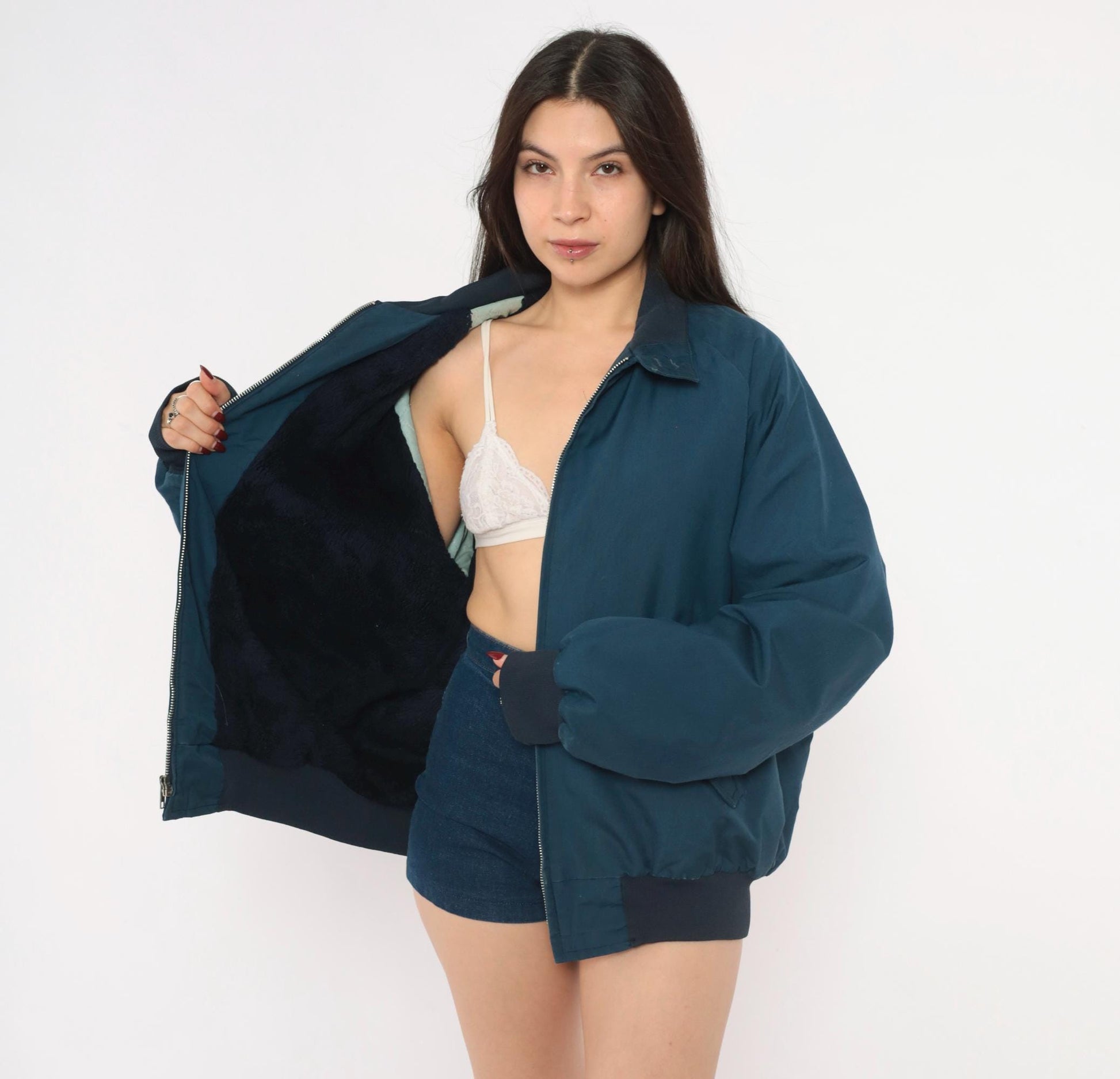 80s Sportsmaster Navy Harrington Bomber Jacket Zip Front Large L