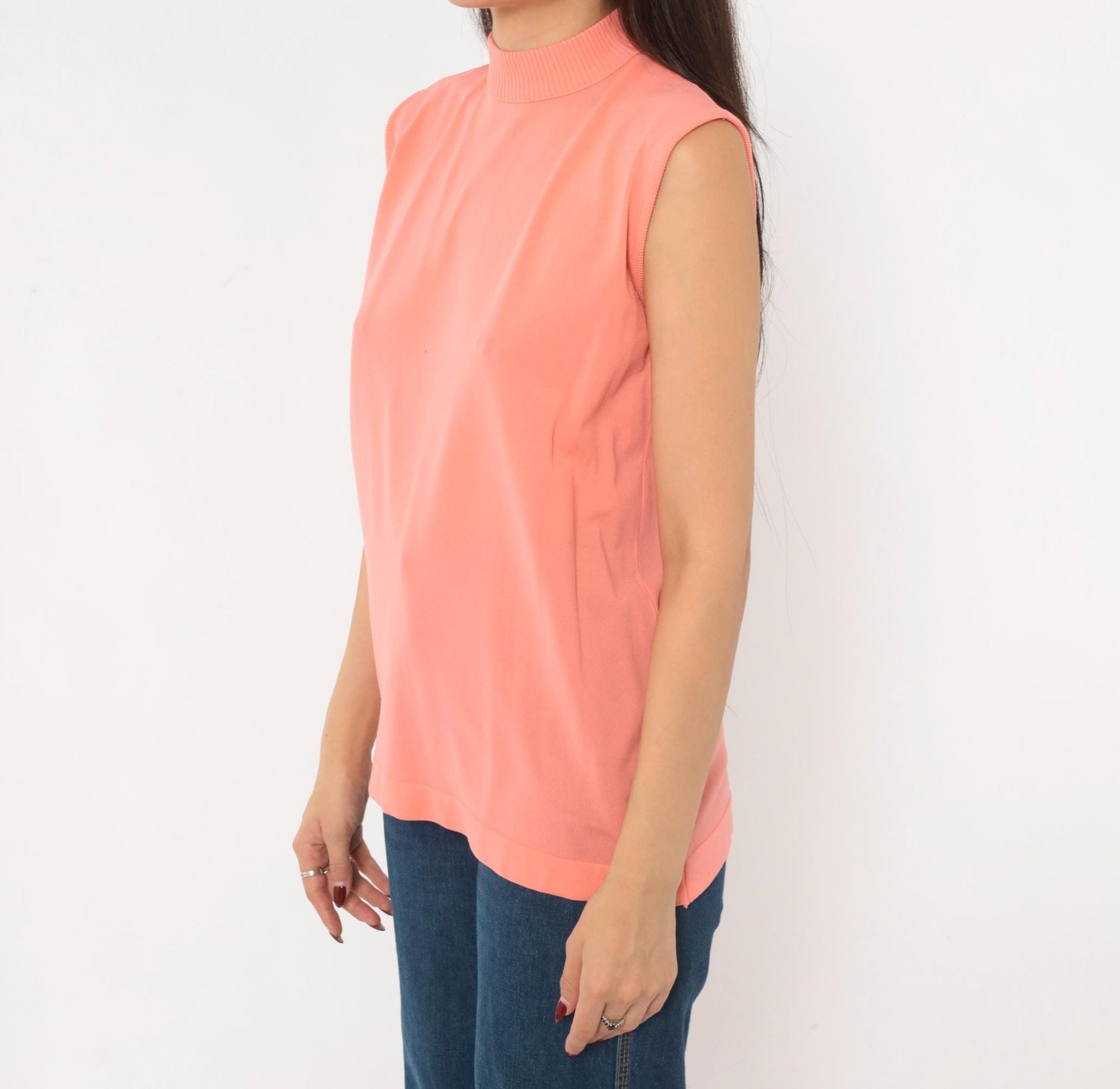 70s Booth Bay Coral Tank Top Mock Neck Sleeveless Blouse Large L