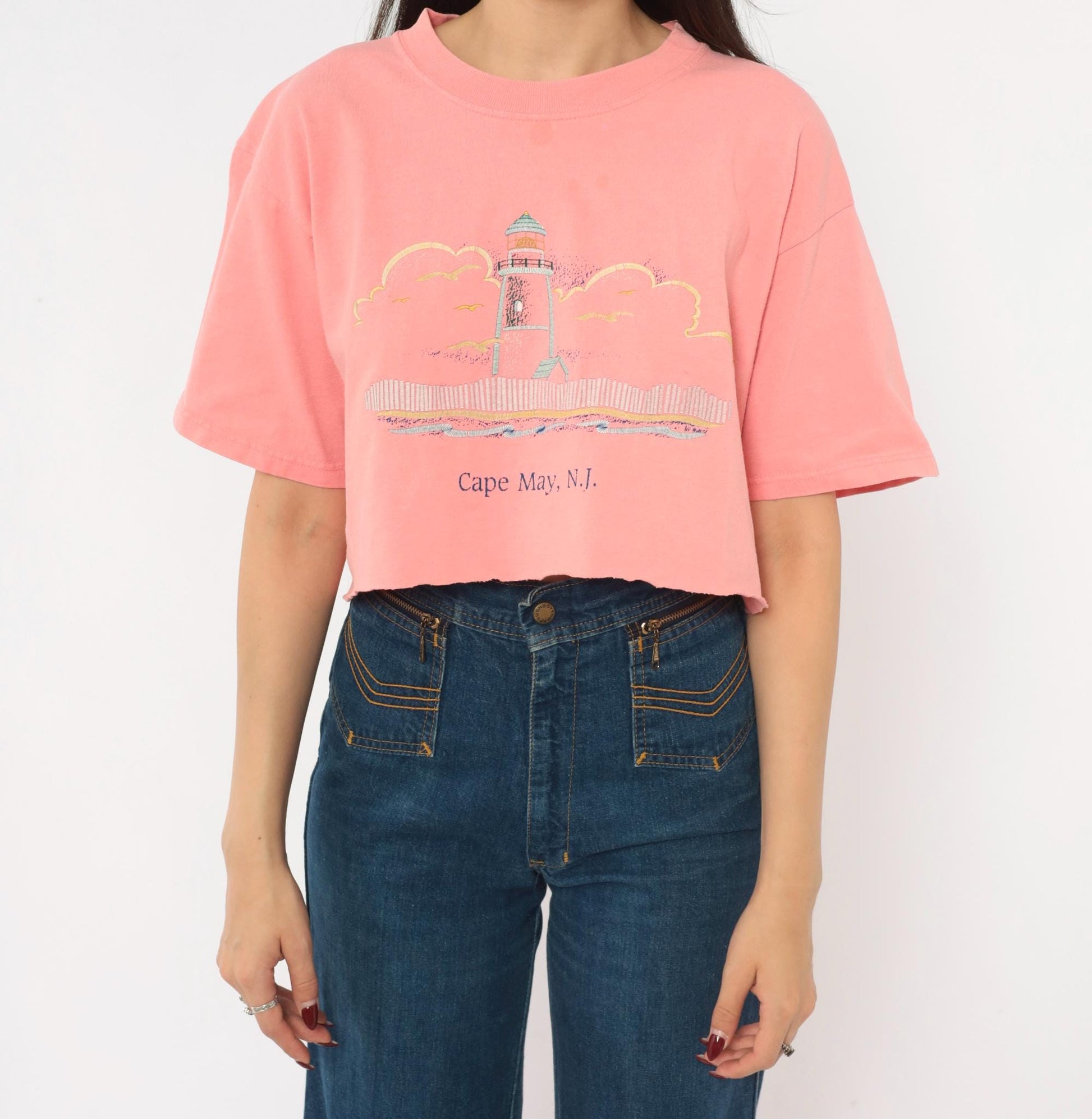 90s Anvil Lighthouse Cape May Crop Top Embroidered Cotton Pink Large L
