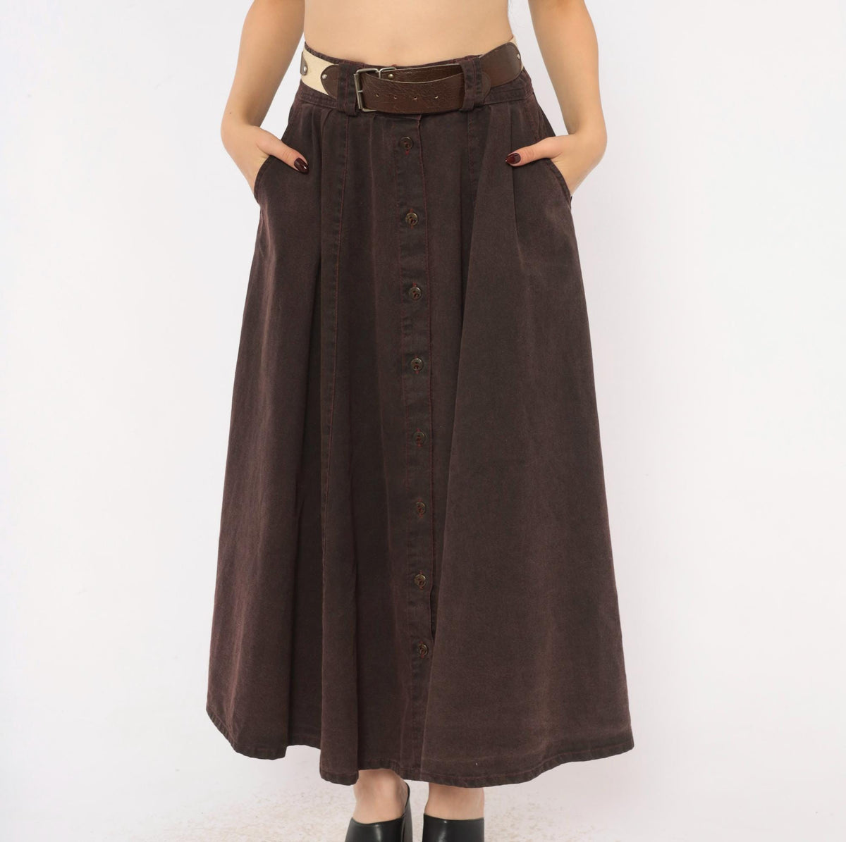 80s Burgundy Cotton Skirt Button Front A-Line High Waist Pockets Small S