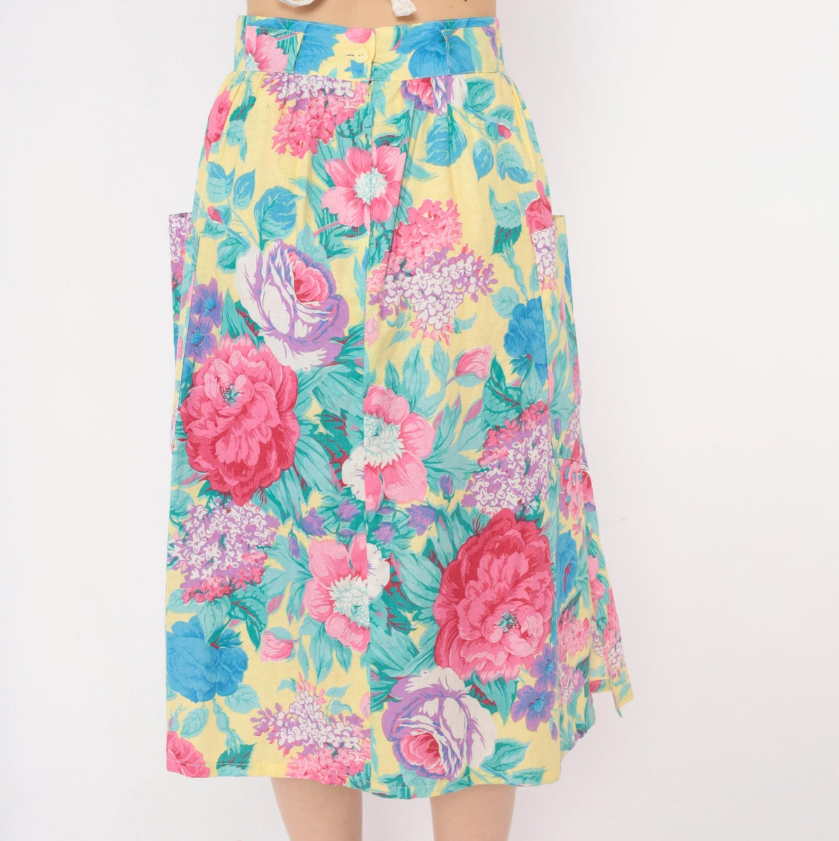80s Lanzetta Sport Floral Midi Skirt Pink Rose Yellow Cotton High Waist Medium