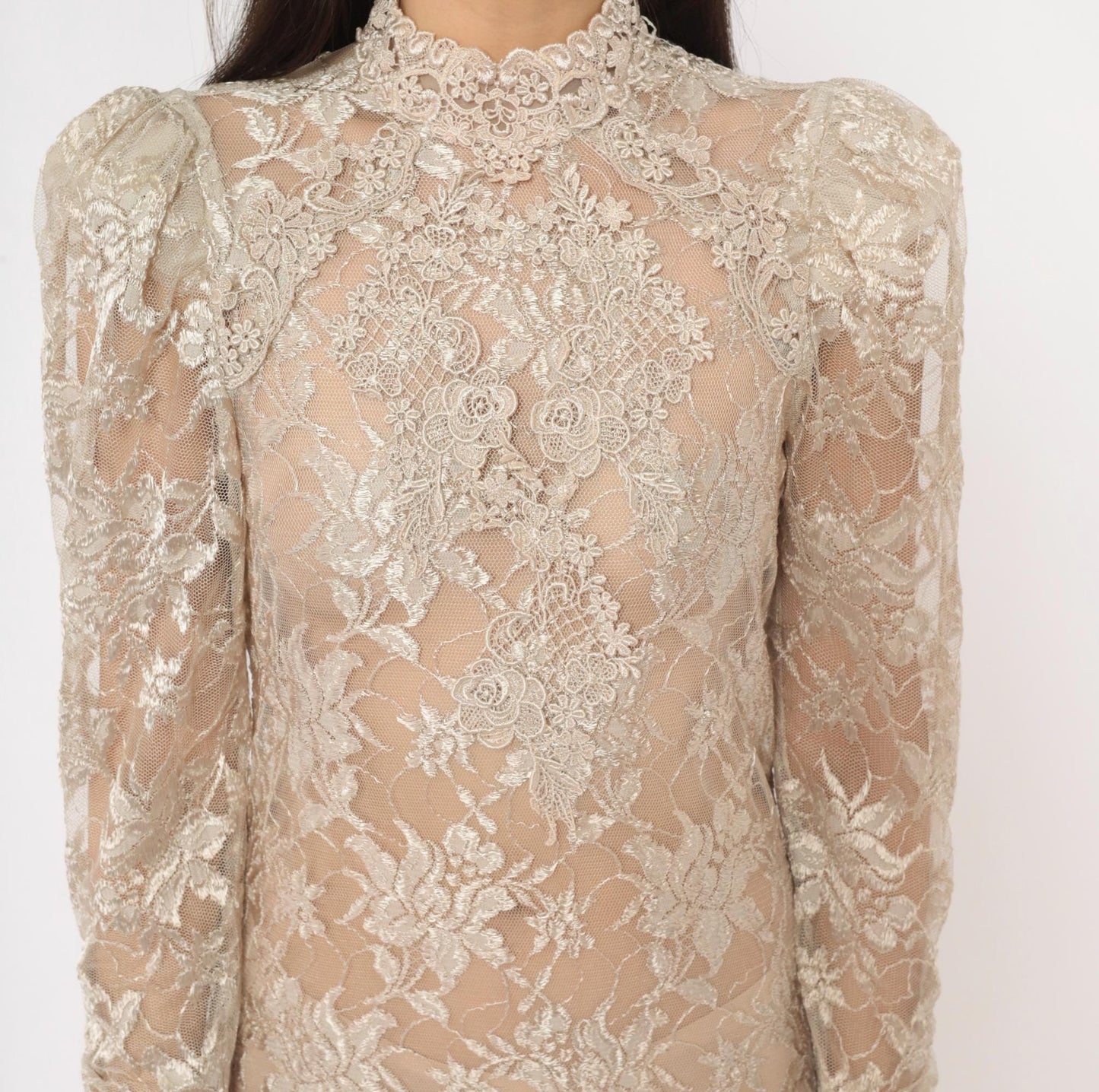 90s Cream Floral Lace Dress Pearl Button Back Puff Sleeve Small
