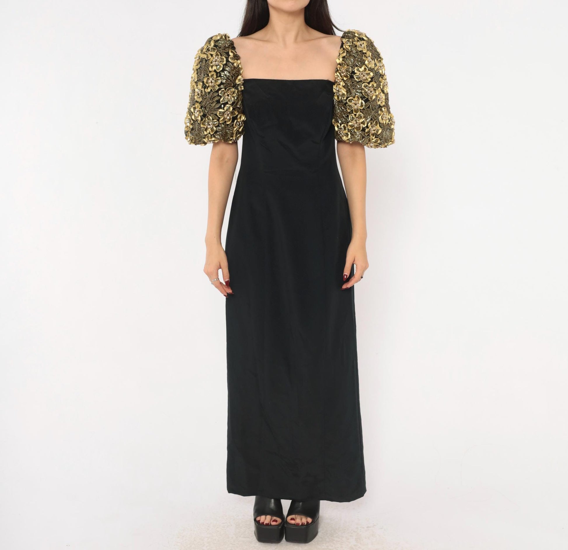 80s Eve of Milady Black Maxi Gown Gold Puff Sleeve Beaded Floral Medium