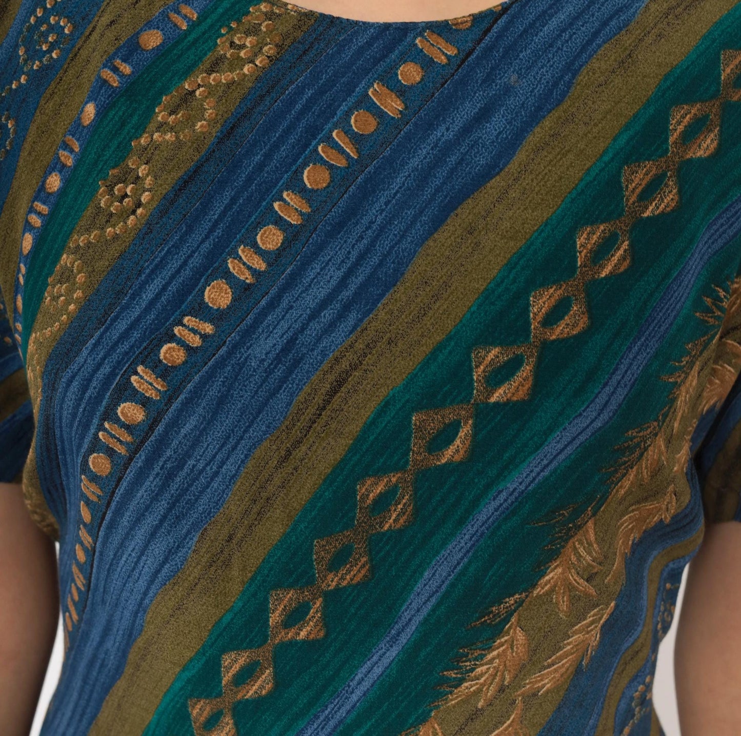 90s Tribal Geometric Sundress Blue Teal Gold Diagonal Stripe A-Line Medium M