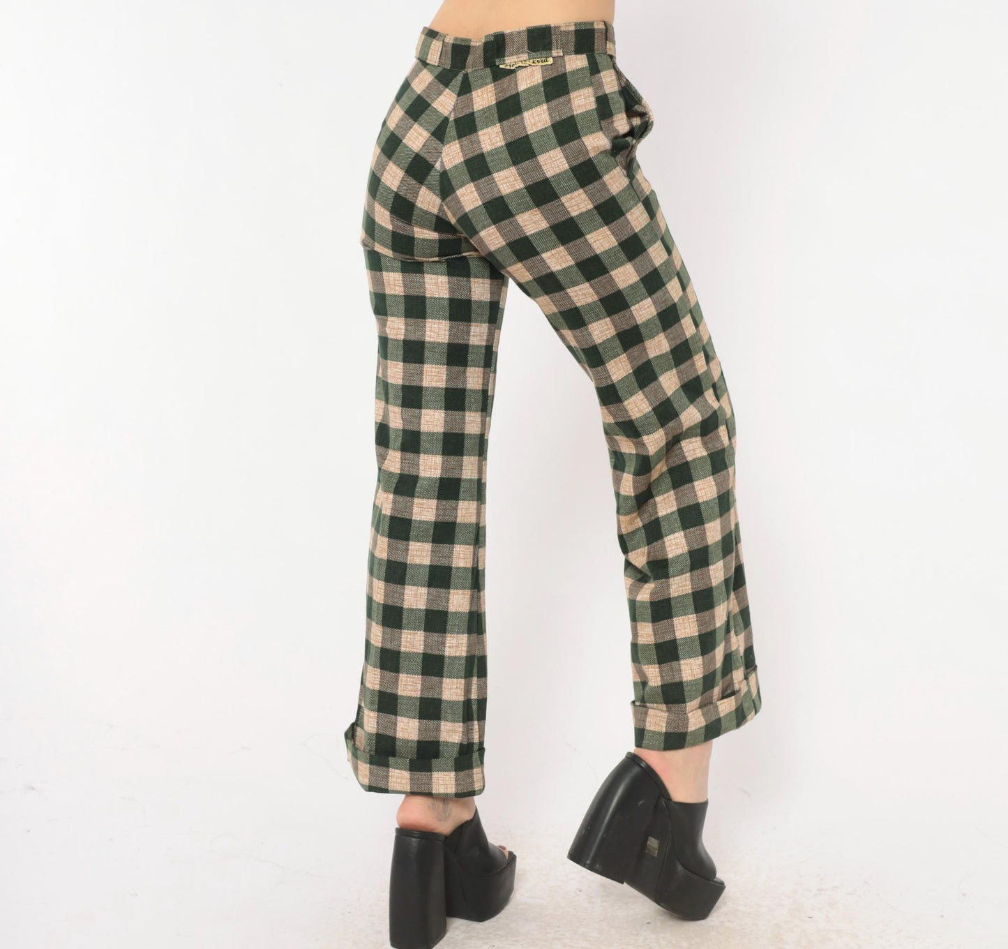 70s Tale Lord Green Tan Buffalo Check Flare Pants High Waist Extra Small XS