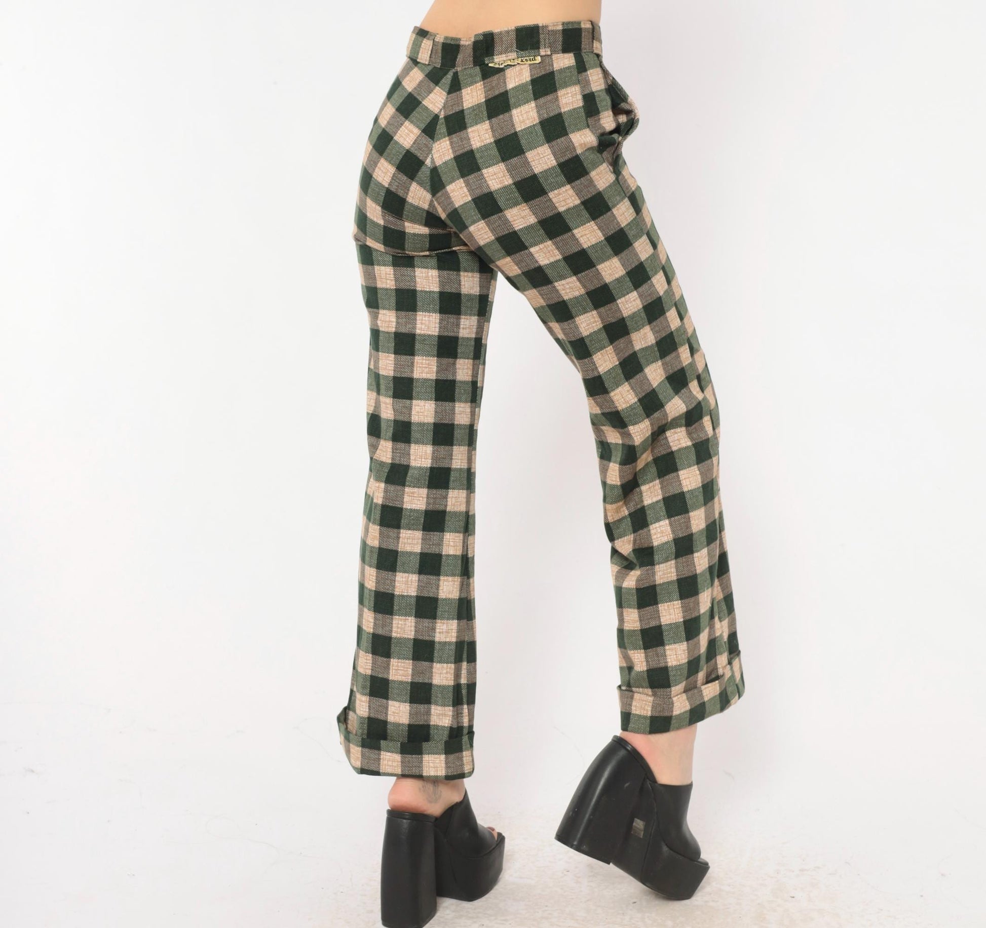 70s Tale Lord Green Tan Buffalo Check Flare Pants High Waist Extra Small XS