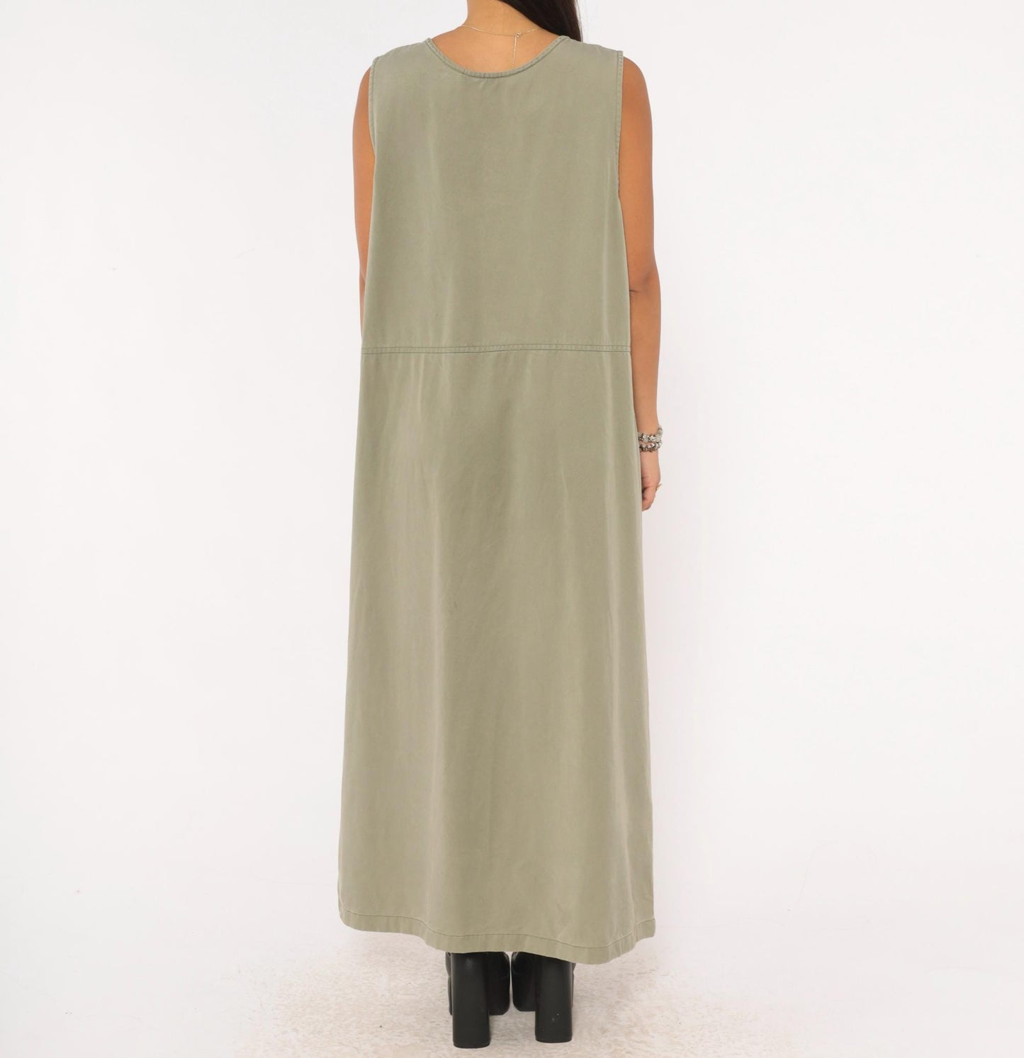 90s L.L.Bean Sleeveless Maxi Dress Sage Olive Cotton A-Line Pockets Extra Large XL