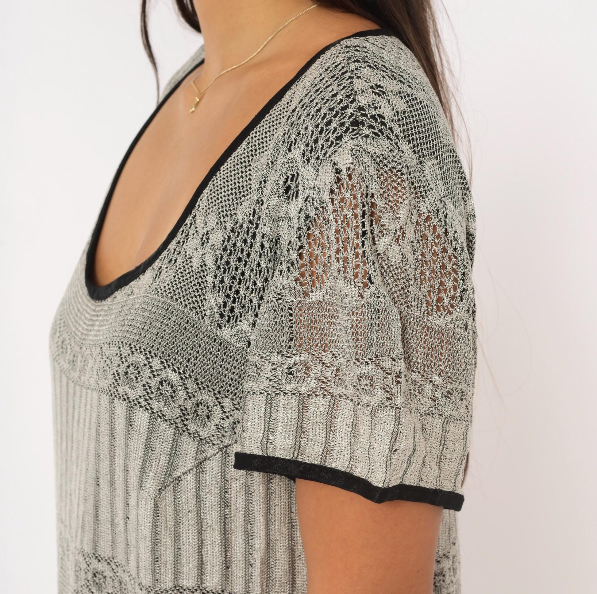 90s Grey Diamond Lace Knit Maxi Dress A-Line Short Sleeve Large L