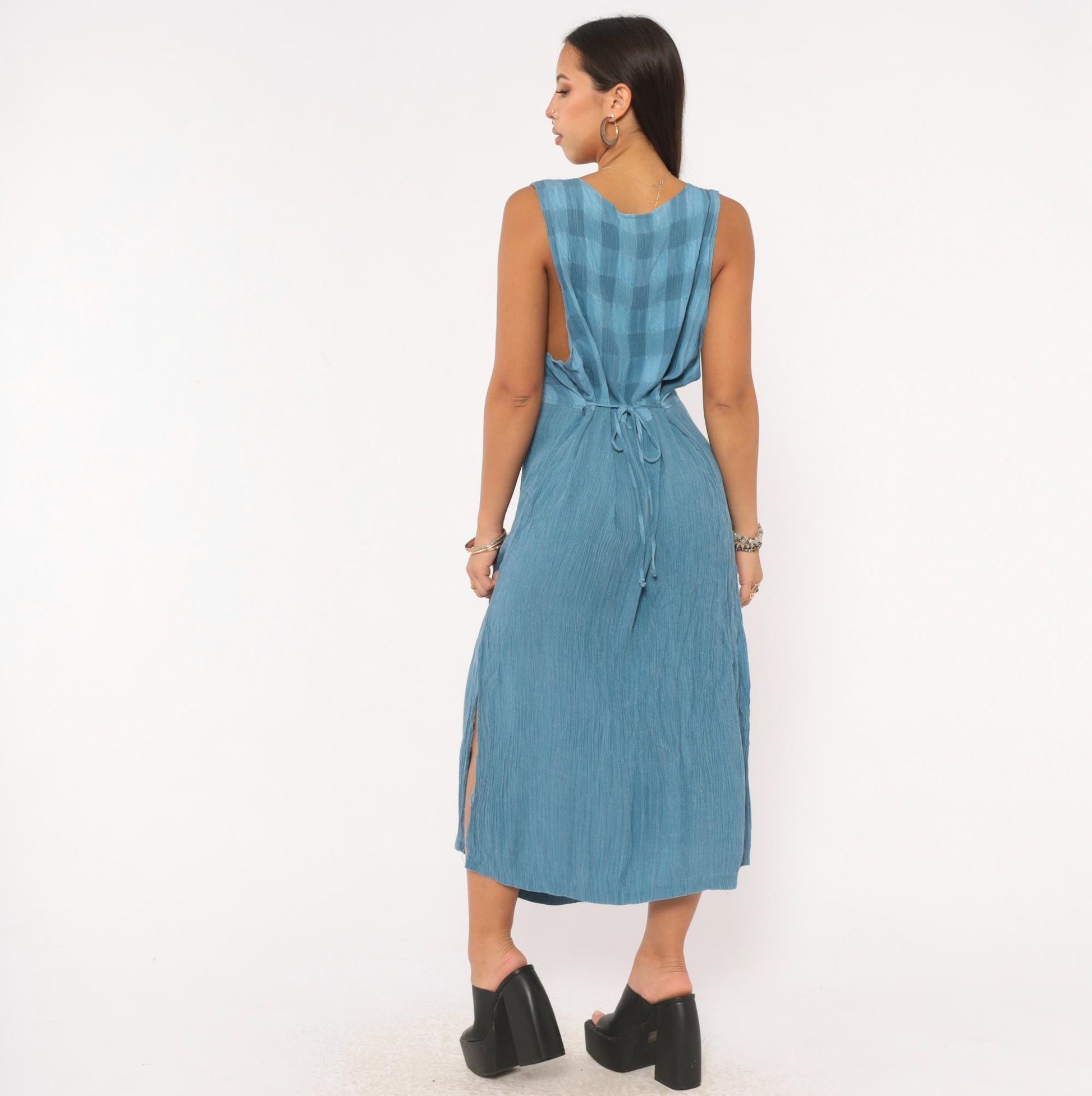 90s Whirlaway Frocks Blue Gingham Midi Dress Tie Back V Neck Large L