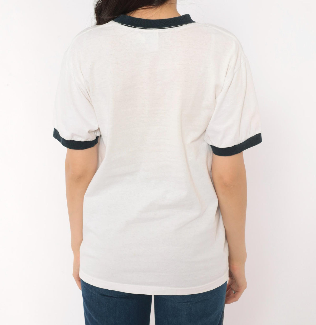 90s Anvil Monkey Scribe Ringer Tee Woodcut Print White Black Small